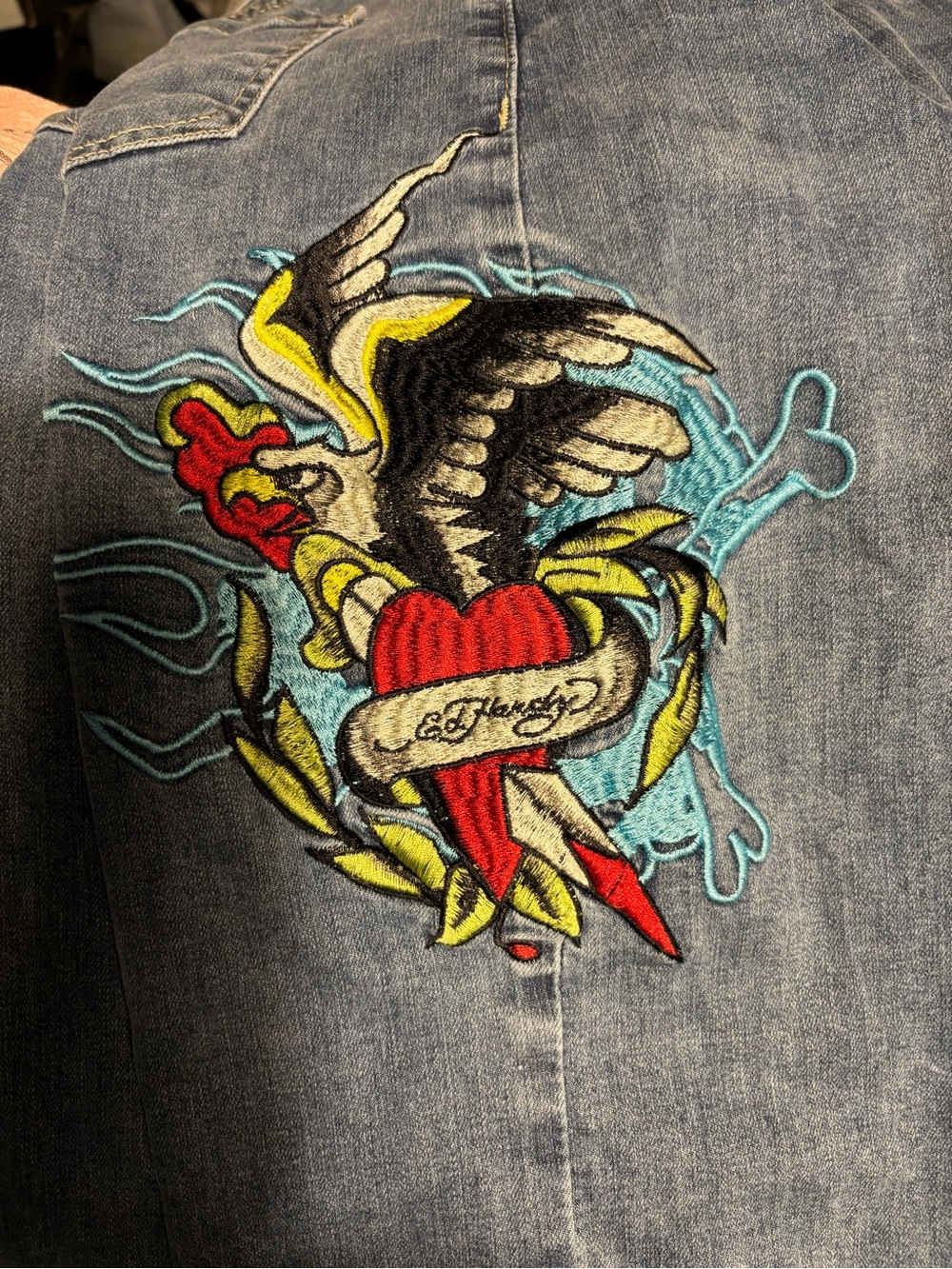 Vintage Ed Hardy Women's Blue Graphic Straight-Leg Jeans with Side Embroudery